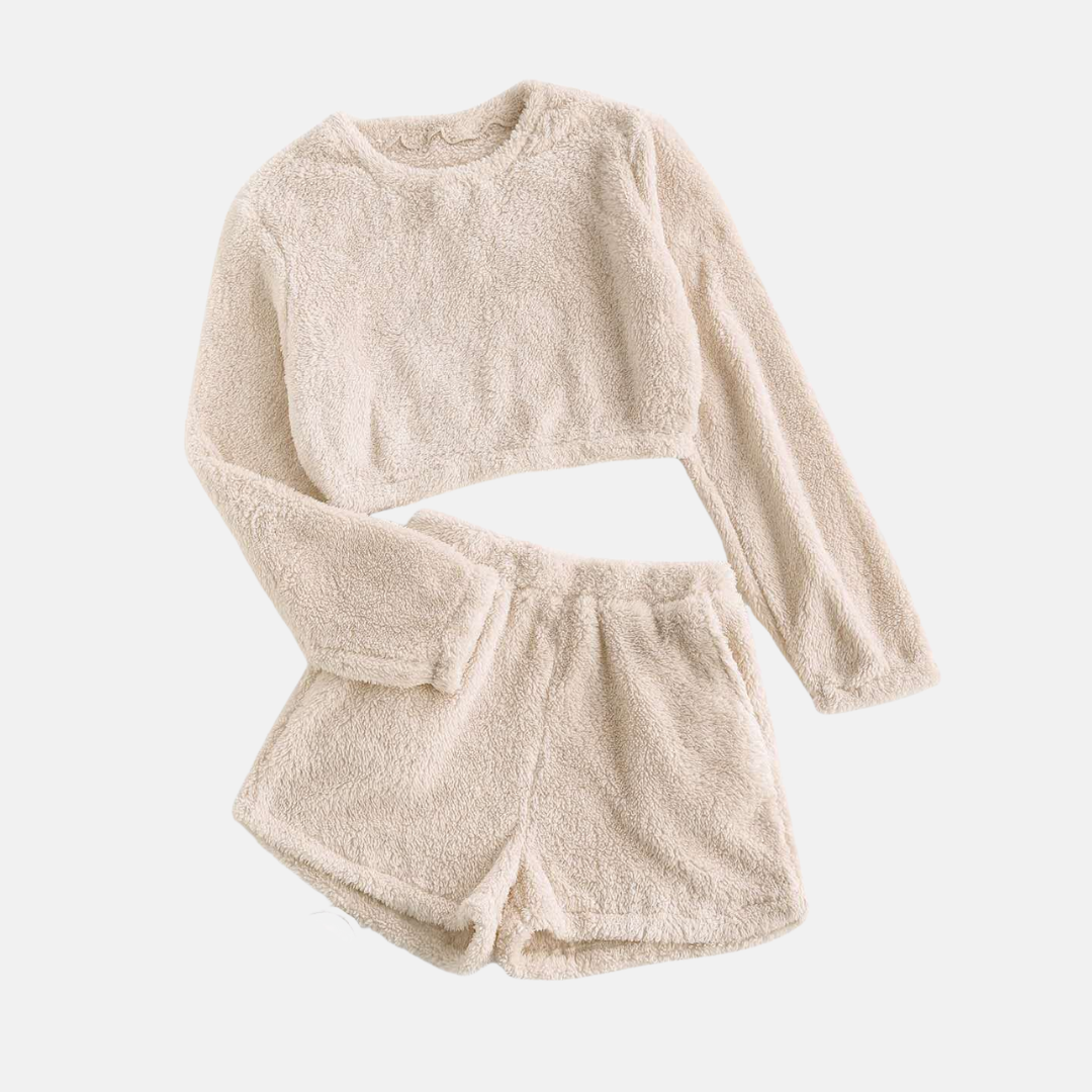 Ensemble Deux Pièces Loungewear Peluche Texturée Avec Top Manches Longues Coupé Court Et Shorts Taille Haute