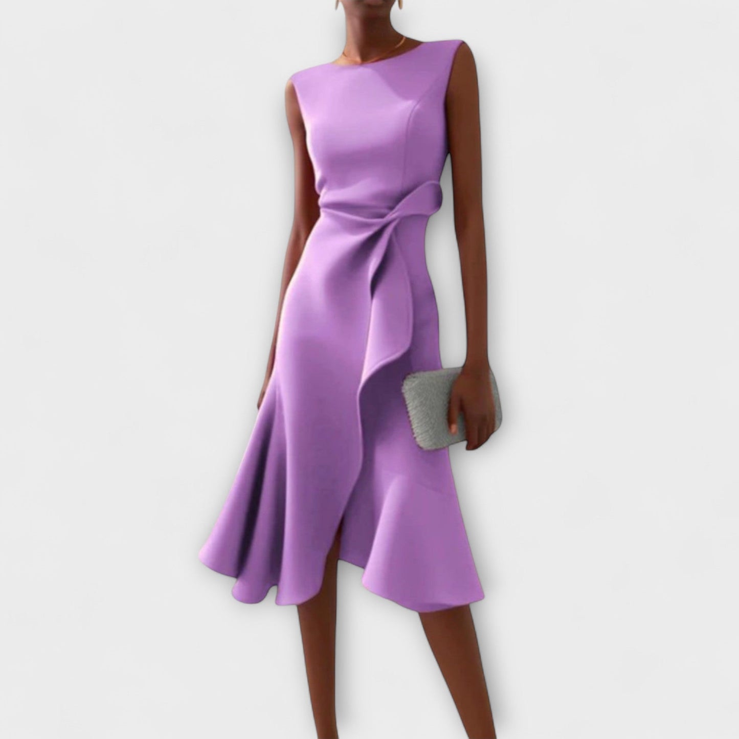 Adeline Robe de Cocktail Sans Manches Midi Avec Volant Asymétrique et Taille Cintrée Amawinc