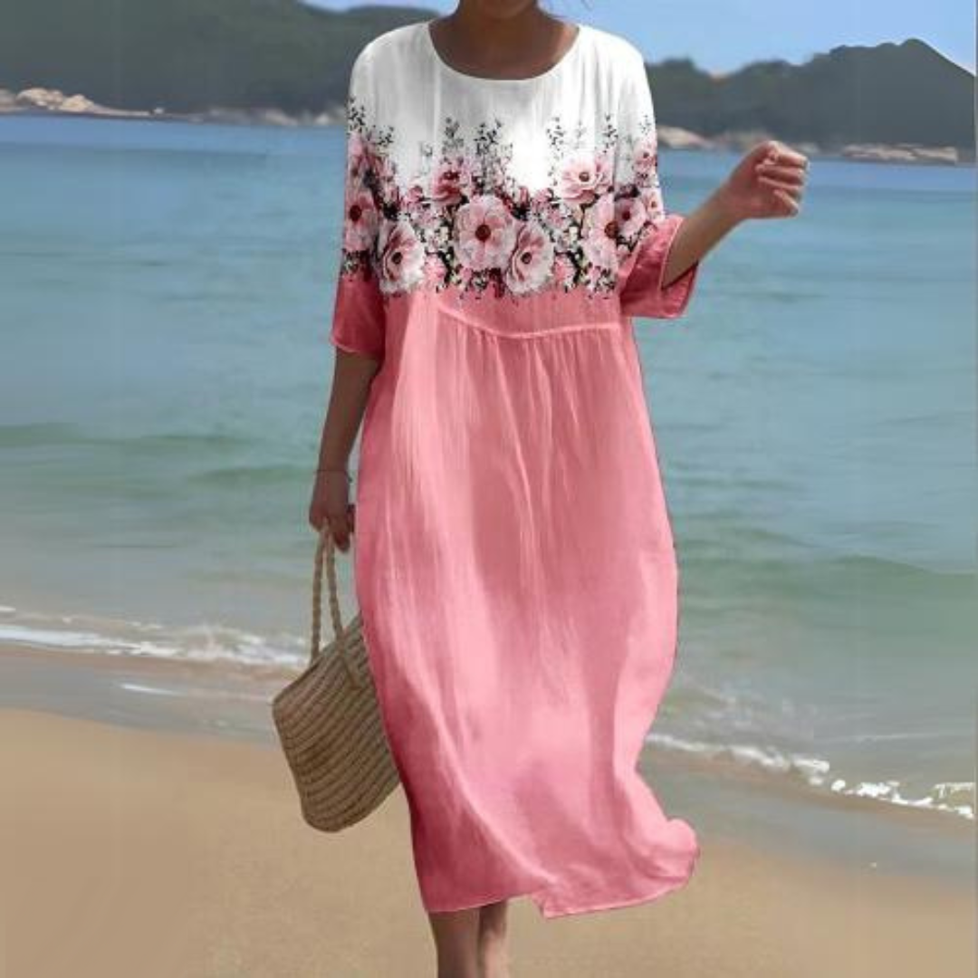 Robe Midi Florale Femme Légère Et Aérée Imprimé Floral Manches Trois Quarts Encolure Ronde Pour Été Confort