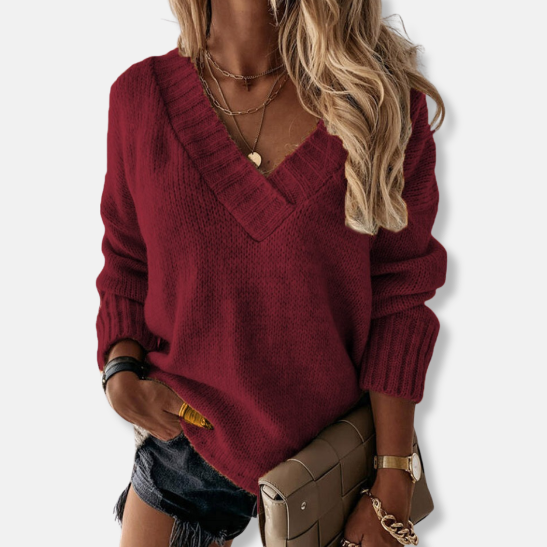 Pull En Maille Femme Coupe Décontractée Encolure En V Profonde Ourlet Côtelé Manches Longues