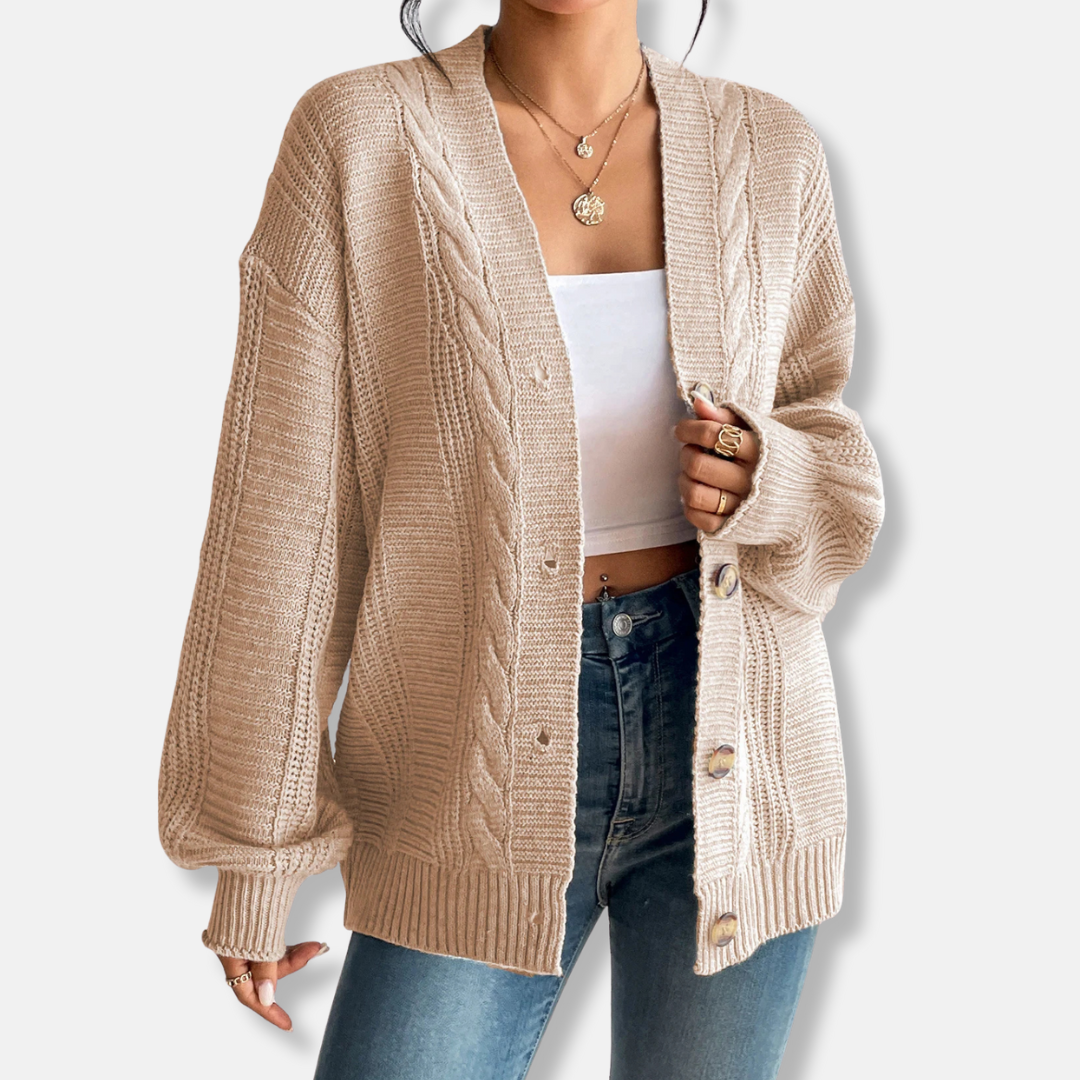 Cardigan Femme En Laine Maille Torsadée Confortable Coupe Oversize Avec Boutons Sur Devant Amawinc