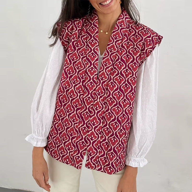 Gilet Sans Manches Imprimé Carreaux Et Fleurs Cousu À La Main Doublure Légère Pour Une Silhouette Raffinée