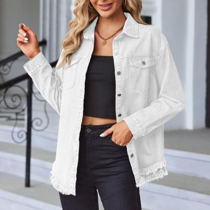 Veste En Denim Branu À Franges Brutes Et Ourlet Effiloché, Coupe Légèrement Ample, Fermeture À Pression