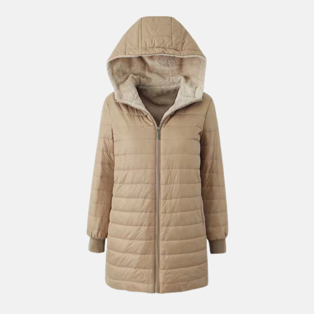 Doudoune Matelassée Pour Femmes À Capuche Mi Longue Avec Doublure Peluche Et Extérieur Quilté Coupe Regular