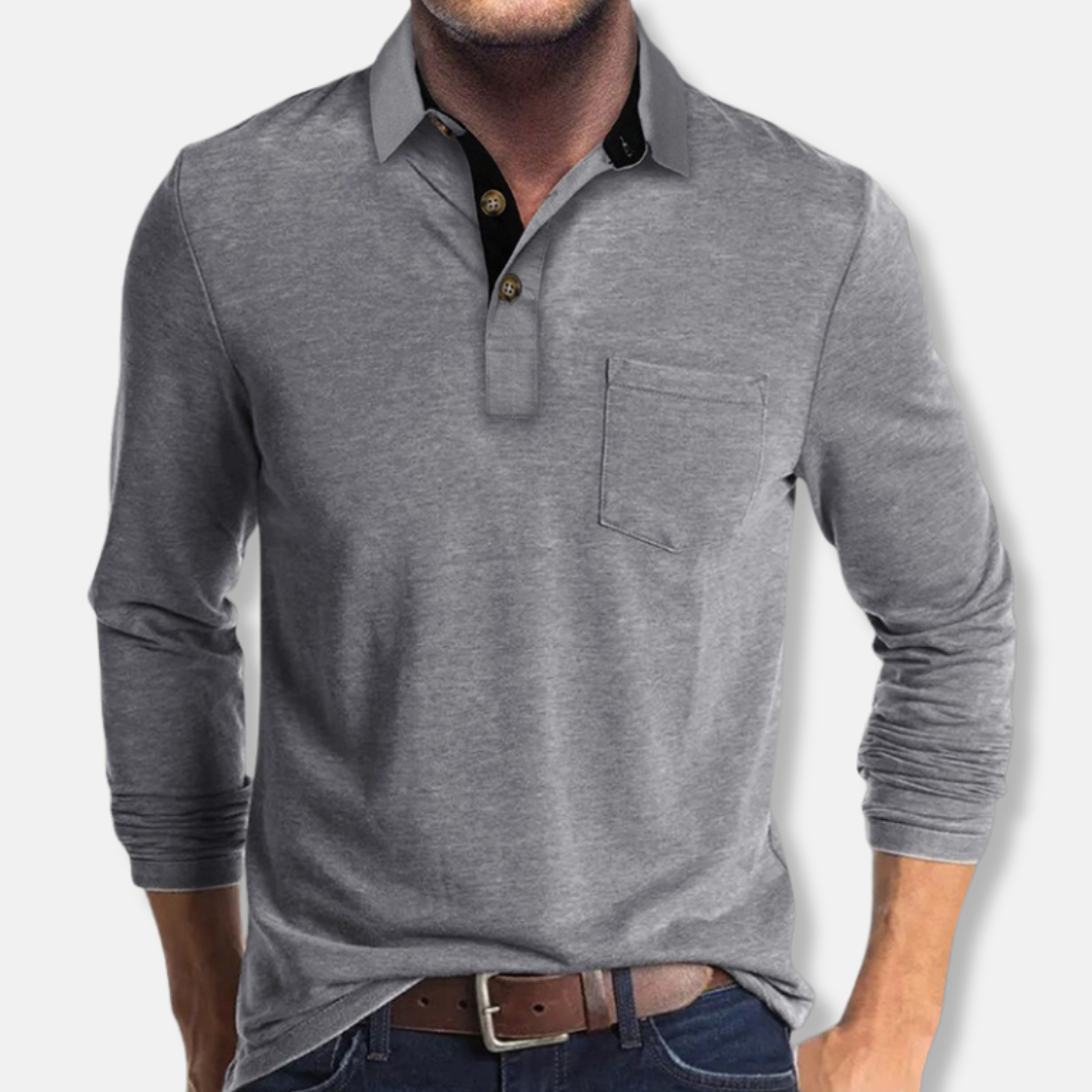 Polo Homme Manches Longues En Maille Coton Mélangé Col Contrasté Coupe Regular Pour Style Smart Casual Décontracté