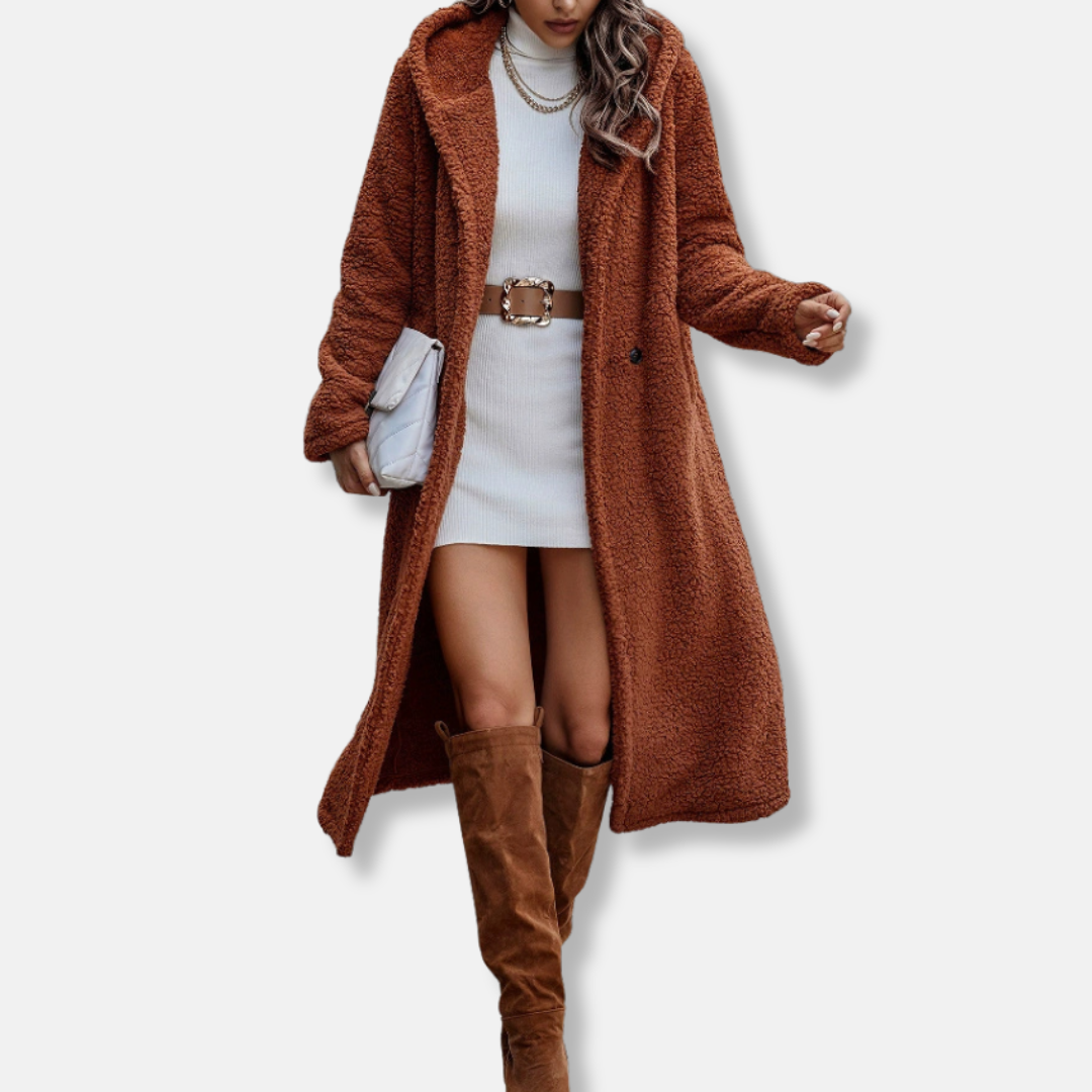 Manteau Long Femme en Peluche Douce Coupe Décontractée Capuche Revers à Encoche Pour Automne Hiver