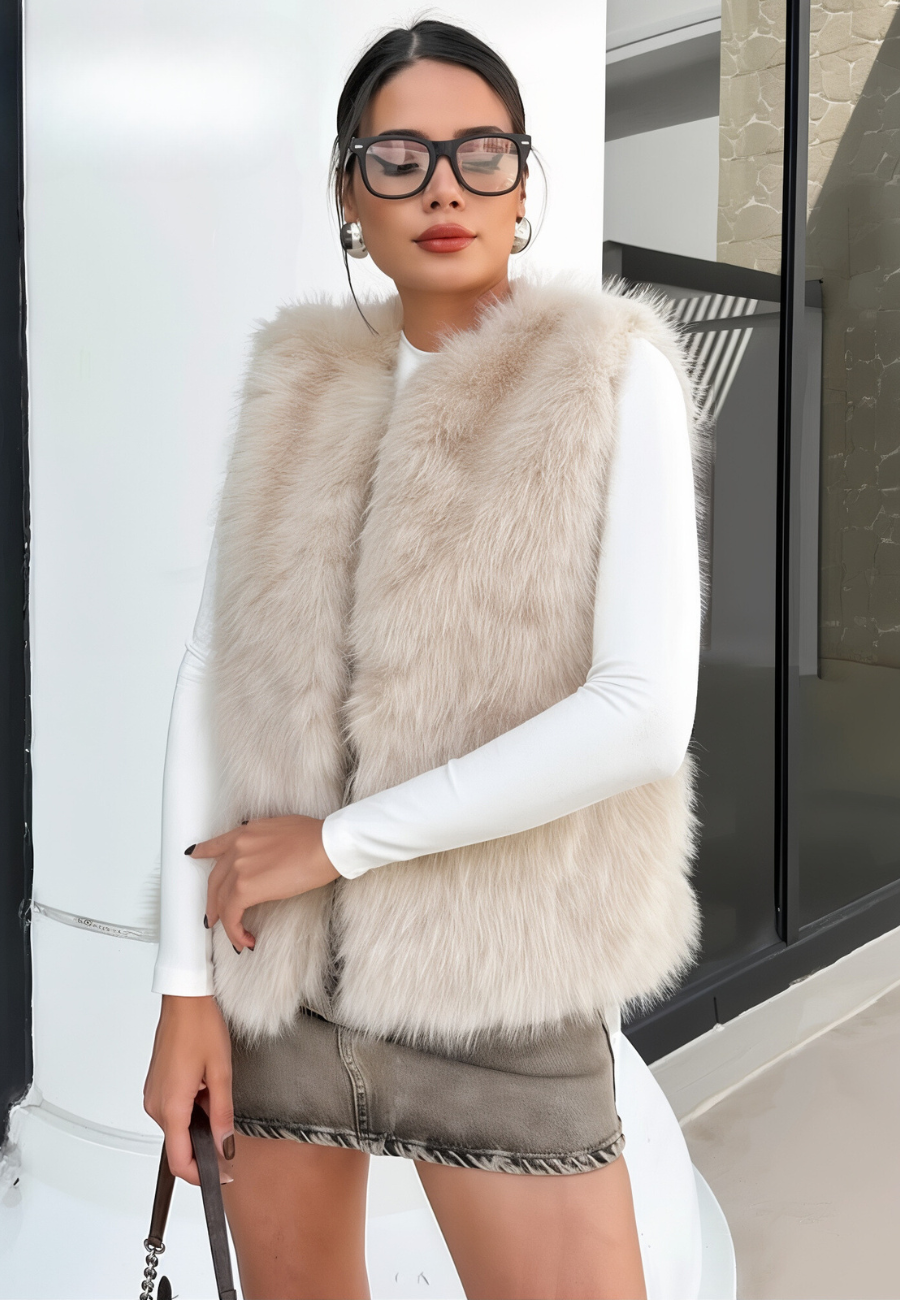 Gilet Sans Manches Femme En Fausse Fourrure Douce Avec Ouverture Devant Et Look Superposé Élégant Automne Hiver Amawinc