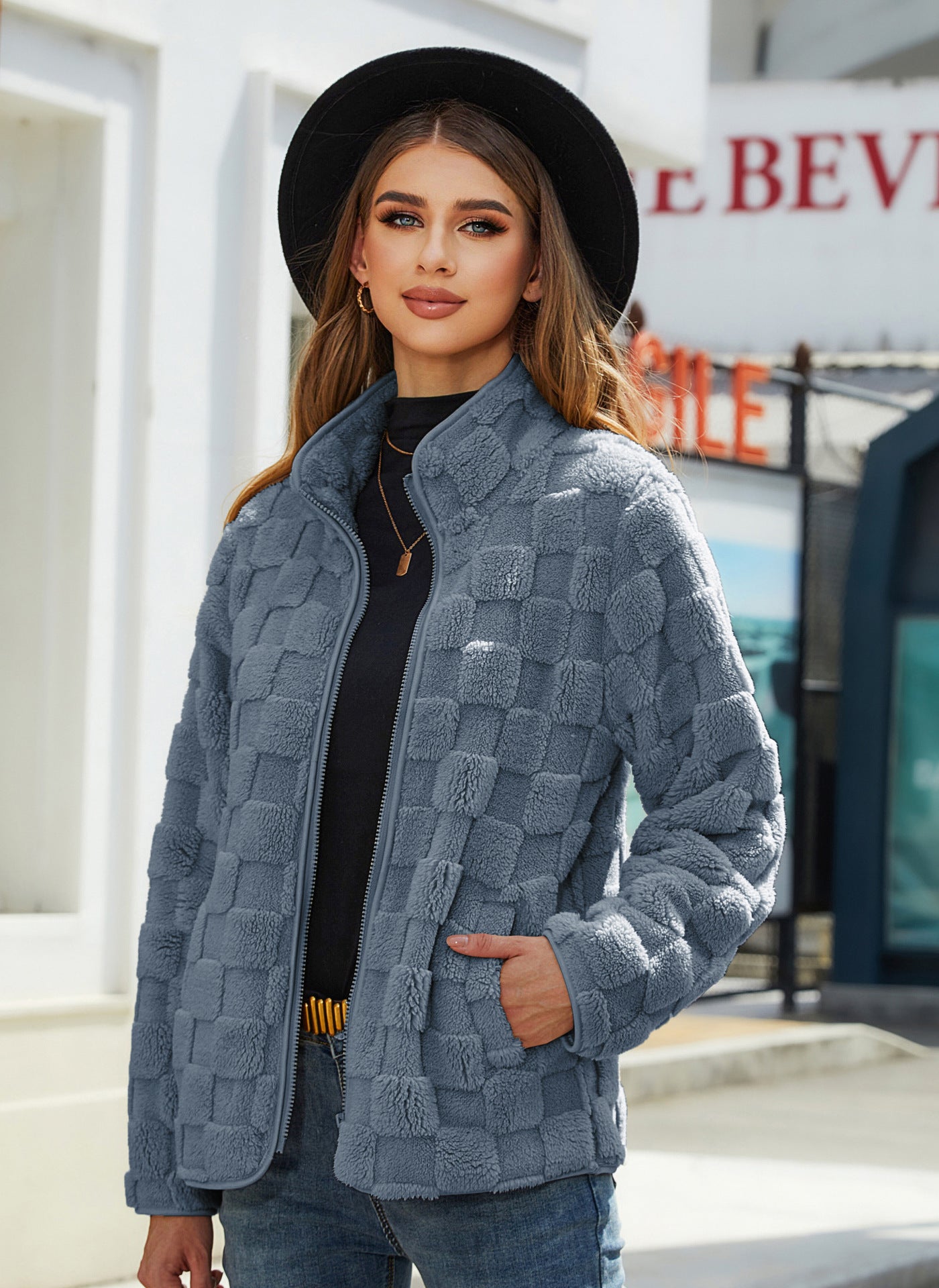 Veste Polaire Femme Zip Col Montant Confortable Pour Hiver Chaud Moderne Avec Motif Carreaux