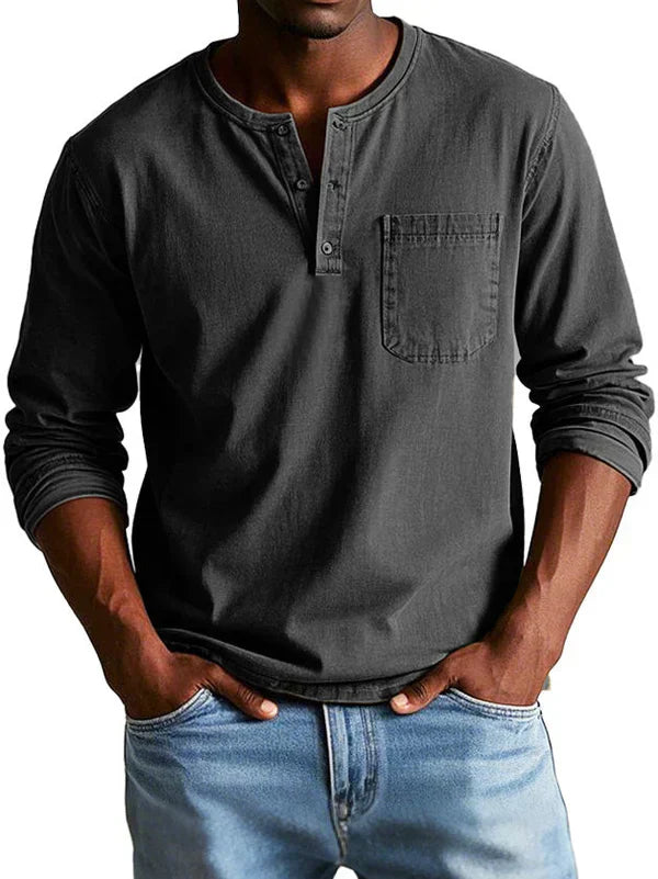 Chemise Henley Décontractée À Manches Longues Pour Homme Amawinc Indigo Classique Confort Quotidien