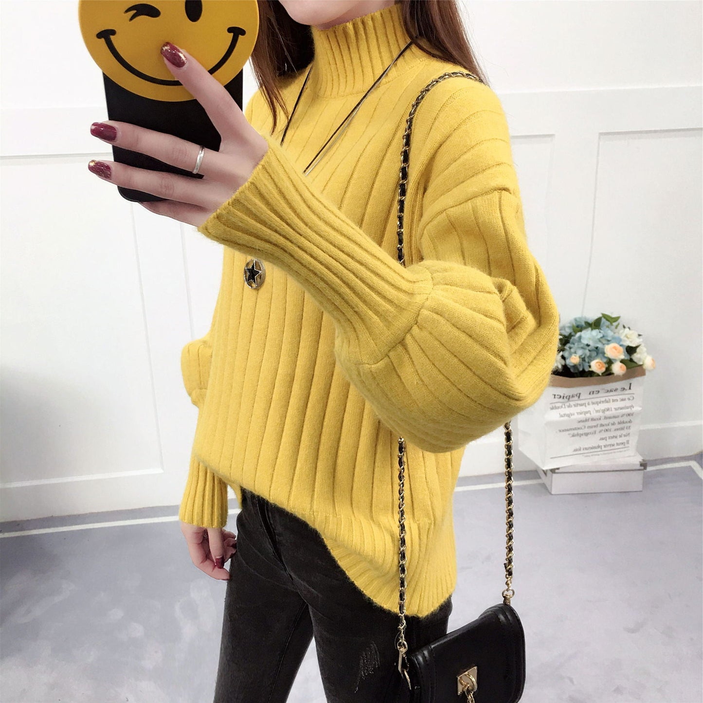 Damen Strickpullover mit hohem Kragen und lässigem Schnitt Amawinc