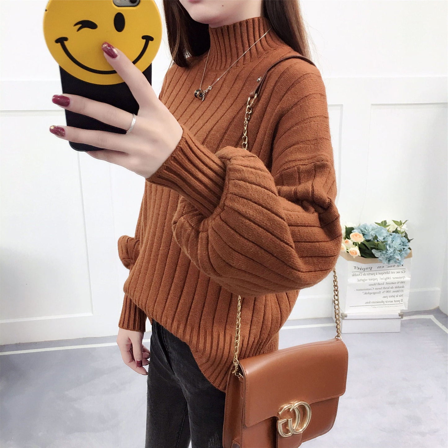 Damen Strickpullover mit hohem Kragen und lässigem Schnitt Amawinc