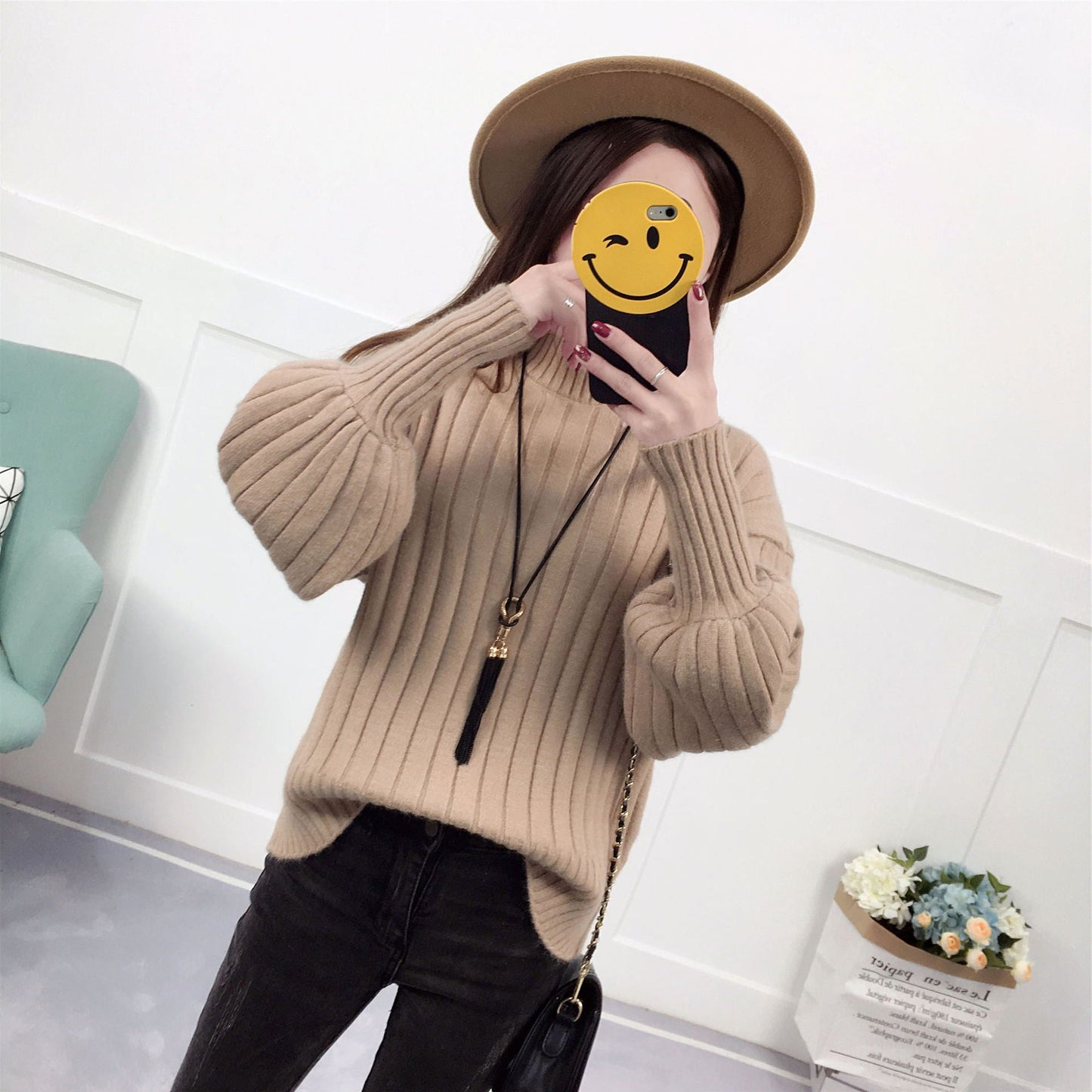 Damen Strickpullover mit hohem Kragen und lässigem Schnitt Amawinc