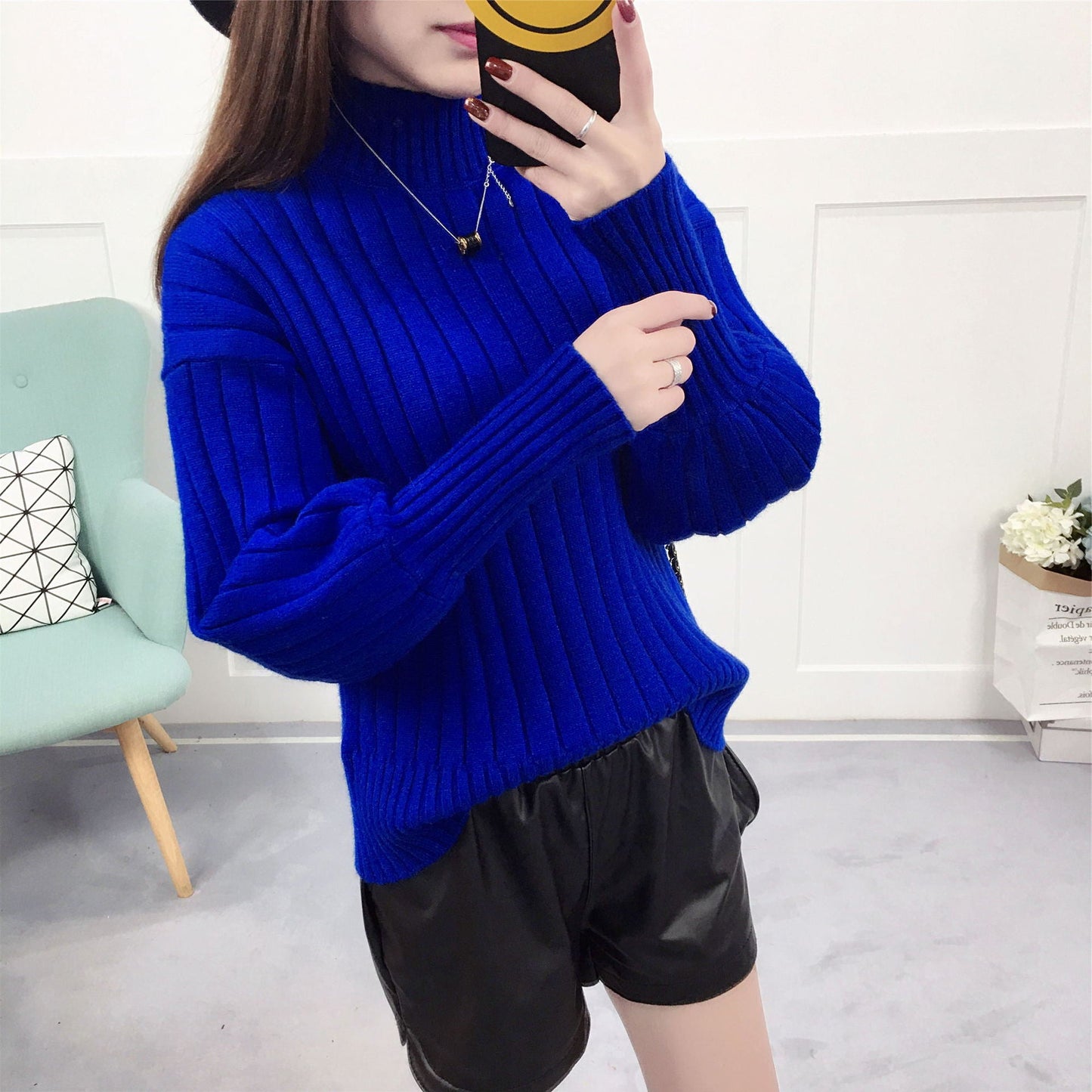 Damen Strickpullover mit hohem Kragen und lässigem Schnitt Amawinc