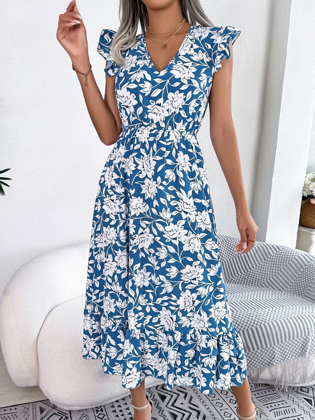 Amawinc Robe Nayra Imprimé Floral Midi Avec Manches Volantées En Chiffon Léger Pour Femme