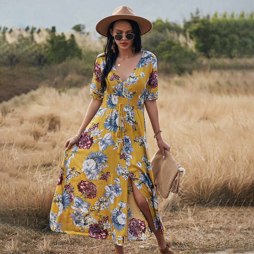 Fudus Sommerkleid: Blumenmuster, V-Ausschnitt, elastischer Bund