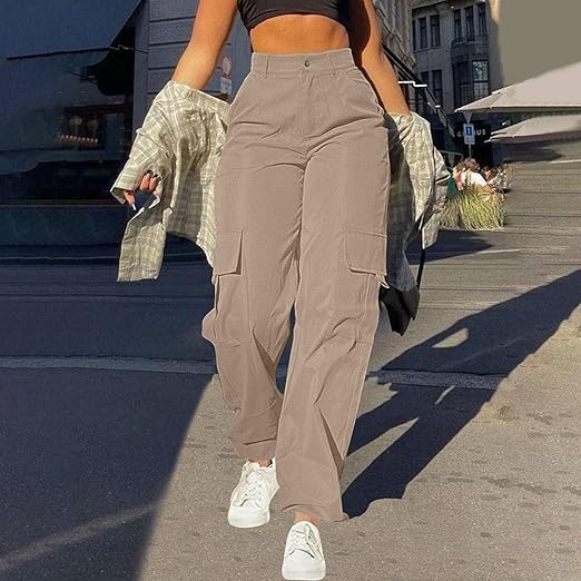 Kate Pantalon Cargo Femme Taille Haute À Jambe Évasée Avec Poches Cargo Pratiques