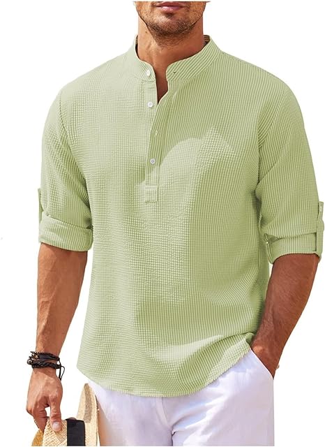 Chemise Pour Homme À Col Mao À Coupe Décontractée En Coton Léger Avec Manches Boutonnées Pour Le Quotidien