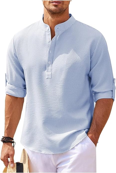 Chemise Pour Homme À Col Mao À Coupe Décontractée En Coton Léger Avec Manches Boutonnées Pour Le Quotidien