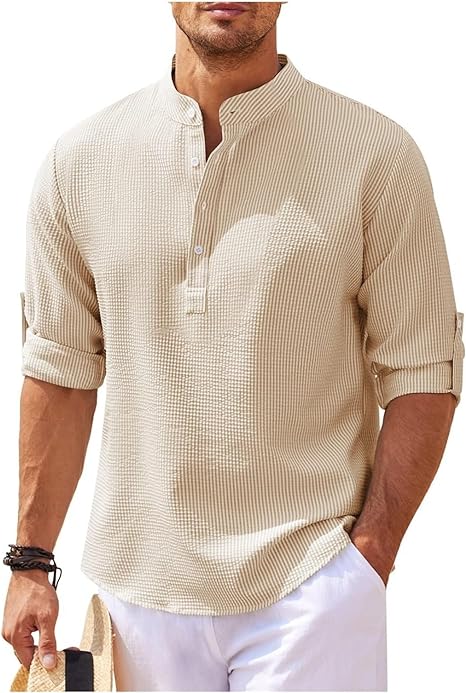 Chemise Pour Homme À Col Mao À Coupe Décontractée En Coton Léger Avec Manches Boutonnées Pour Le Quotidien