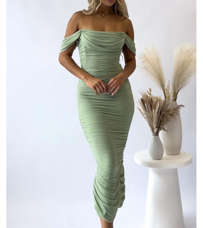 Robe Sans Épaules Élégante Ajustée Drapée Pour Soirée Formelle Amawinc Collection