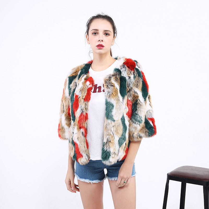 Damen Flauschige Kunstpelzjacke mit lebhaftem Muster und weit geschnittenen Ärmeln Amawinc