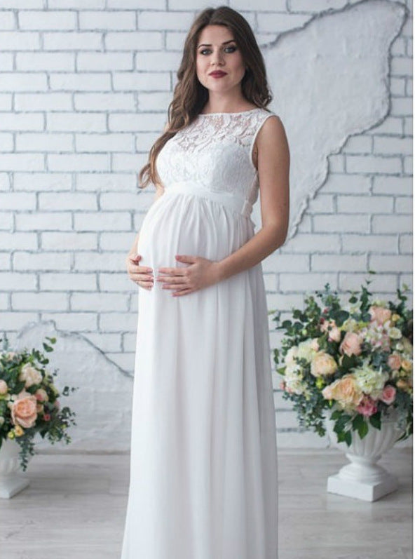 Robe Maternité Maxi Kathleen Avec Corsage En Dentelle Sur Tissu Coton Polyester Pour Baby Shower Printanières Amawinc