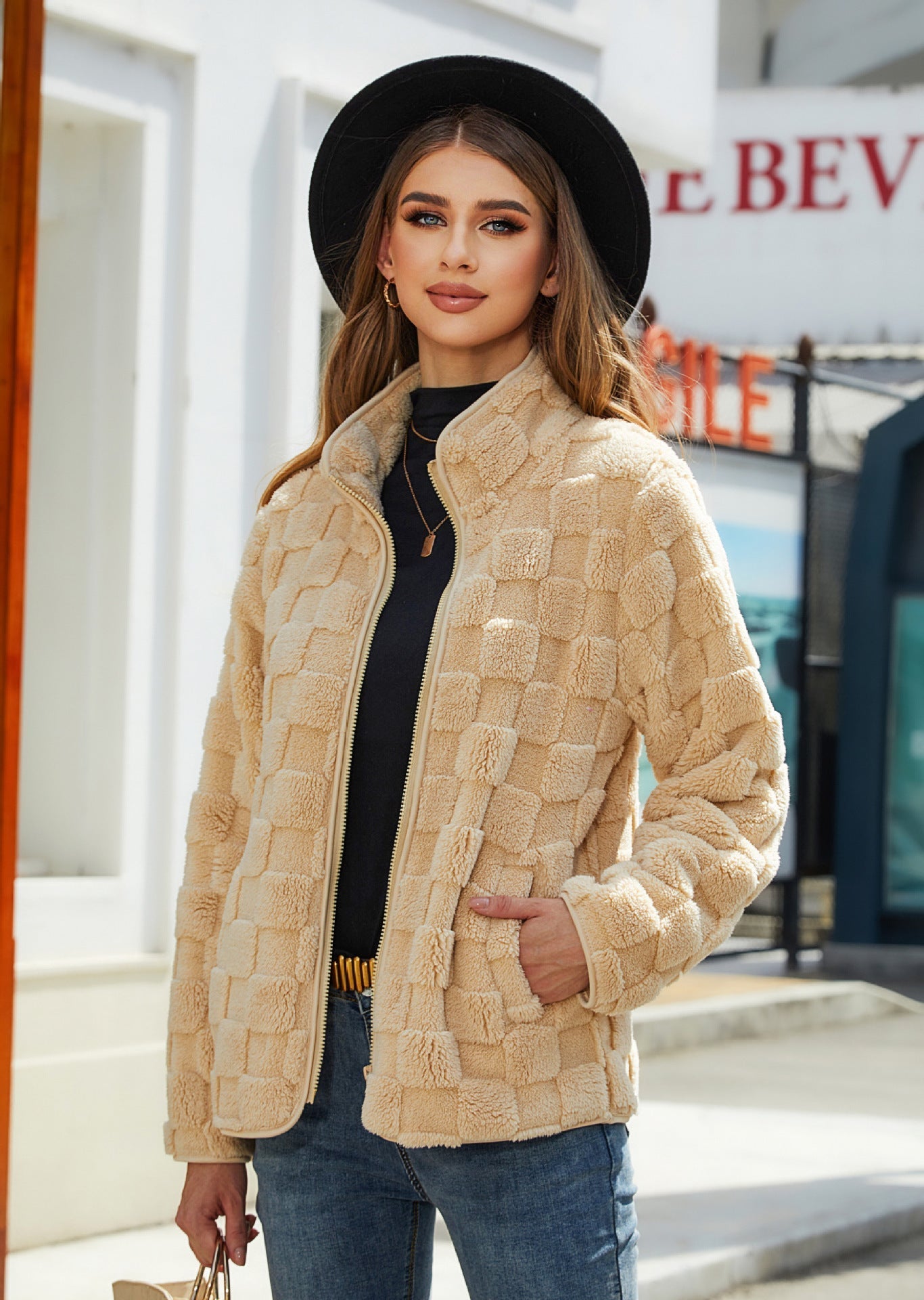 Veste Polaire Femme Zip Col Montant Confortable Pour Hiver Chaud Moderne Avec Motif Carreaux