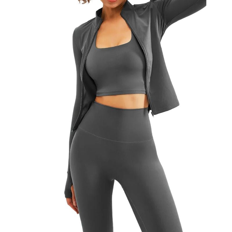 Ensemble Yoga Veyra Trois Pièces Tissu Respirant Coupe Deuxième Peau Compression Douce Taille Haute Sculptante