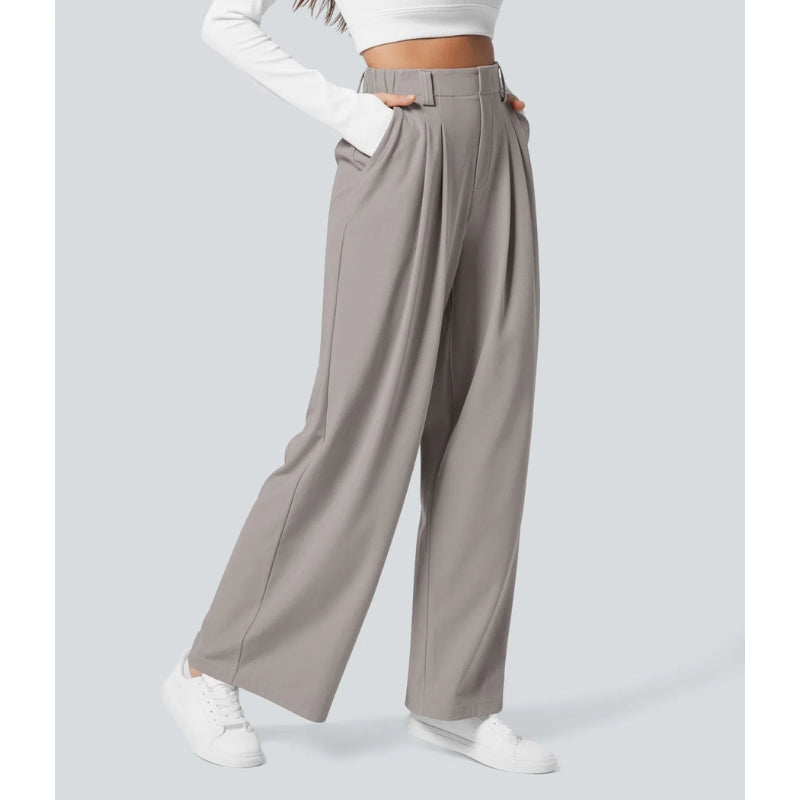 Nomi Pantalon Femme Taille Haute En Maille Gaufre Extensible Coupe Large Drapé Doux Confortable