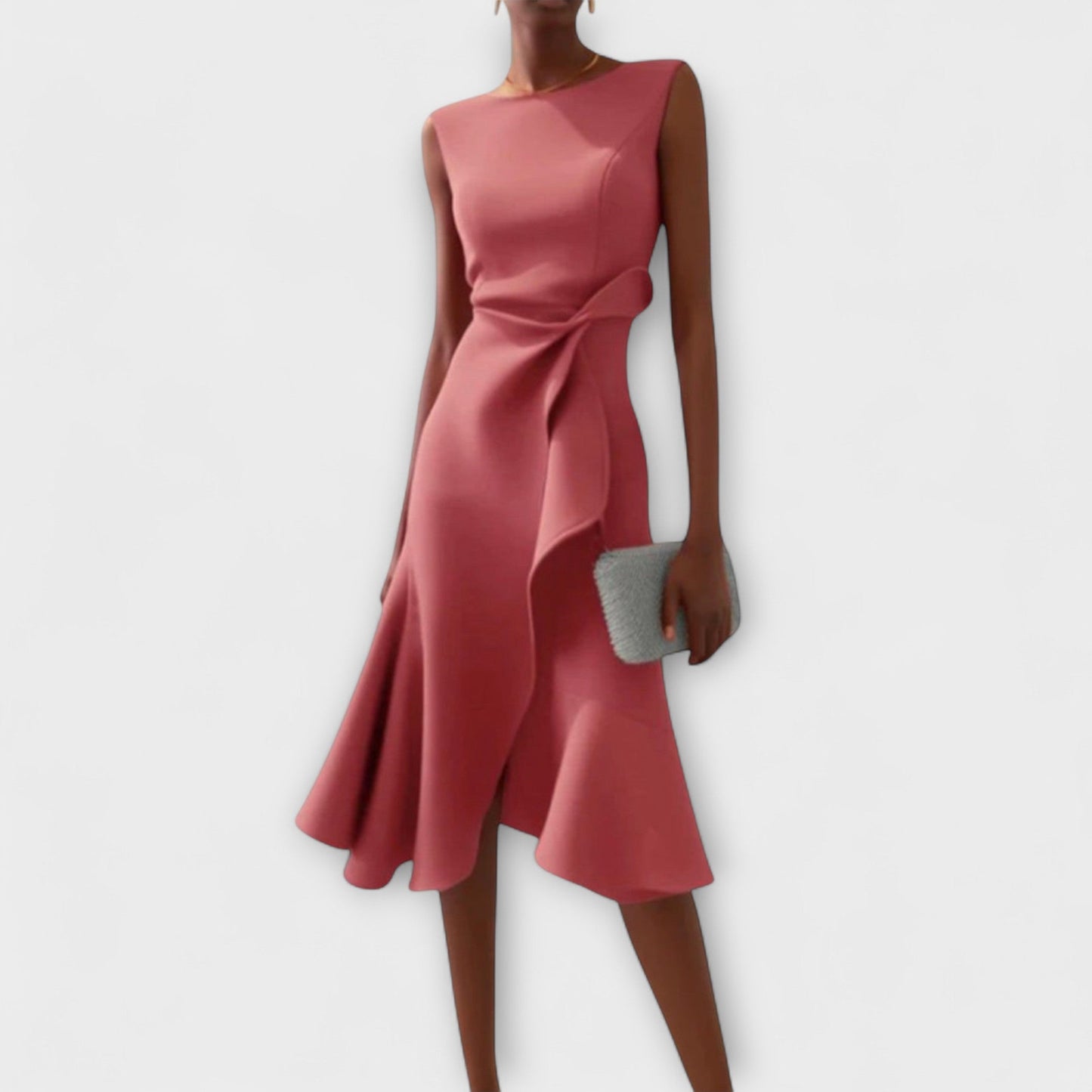 Adeline Robe de Cocktail Sans Manches Midi Avec Volant Asymétrique et Taille Cintrée Amawinc