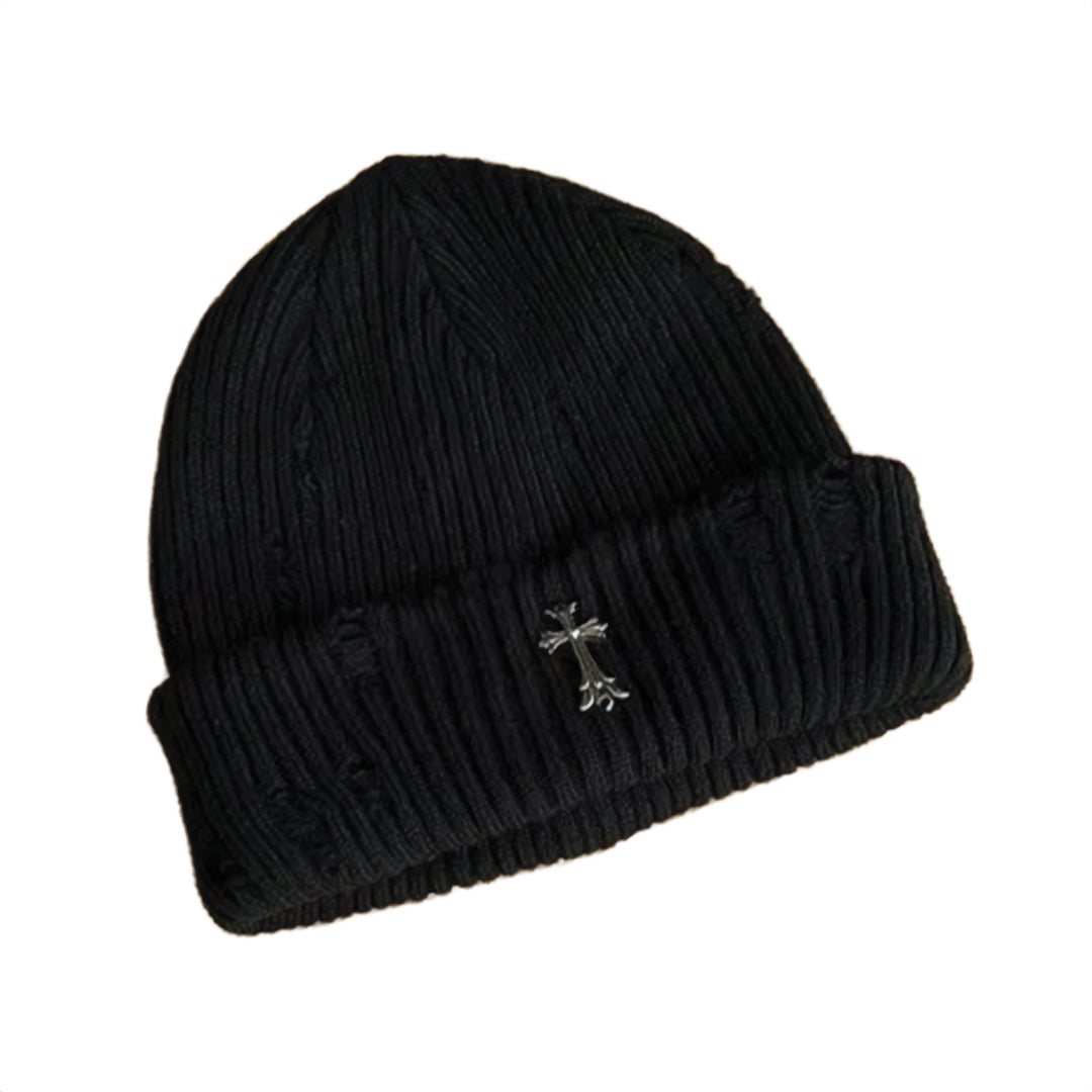 Bonnet Côtelé En Tricot Avec Croix Métal Distress Coton Polyester Pour Temps Froids Style Streetwear Confortable