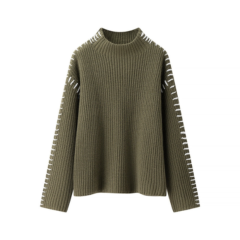 Pull En Maille Carmine Col Montant Confort Décontracté Avec Couture Contrastée Sur Les Manches
