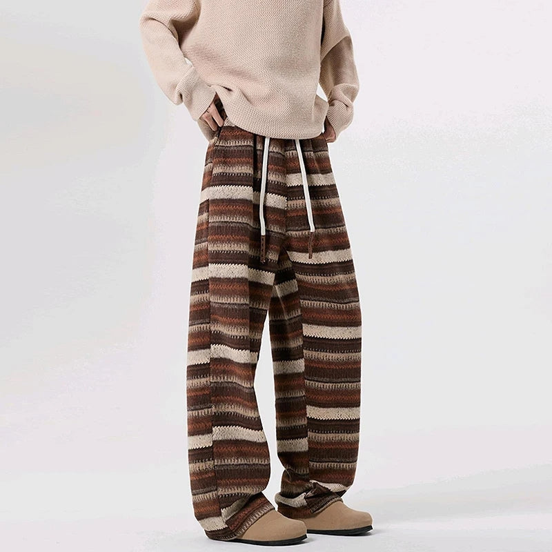 Pantalon en Laine Tricotée à Rayures Décontracté Style Années 90 Taille Ajustable Lavable en Machine