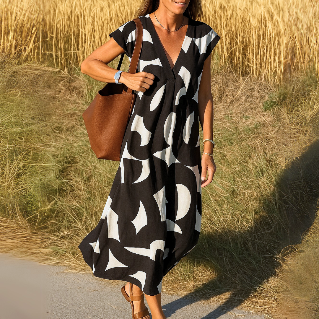 Robe Midi Col V Amawinc Imprimé Abstrait Respirante Et Structurée Pour Printemps Été