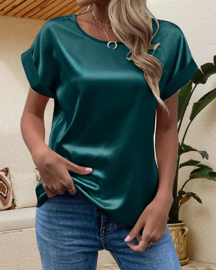 Nordic Flair Blouse Satinée Coupe Décontractée Manches Courtes Col Rond Élégante Pour Femme Polyvalente