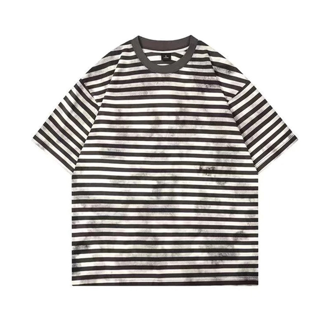 T Shirt Coton Rayé Effet Décoloré Trail Grunge Coupe Classique Léger Avec Texture Délavée
