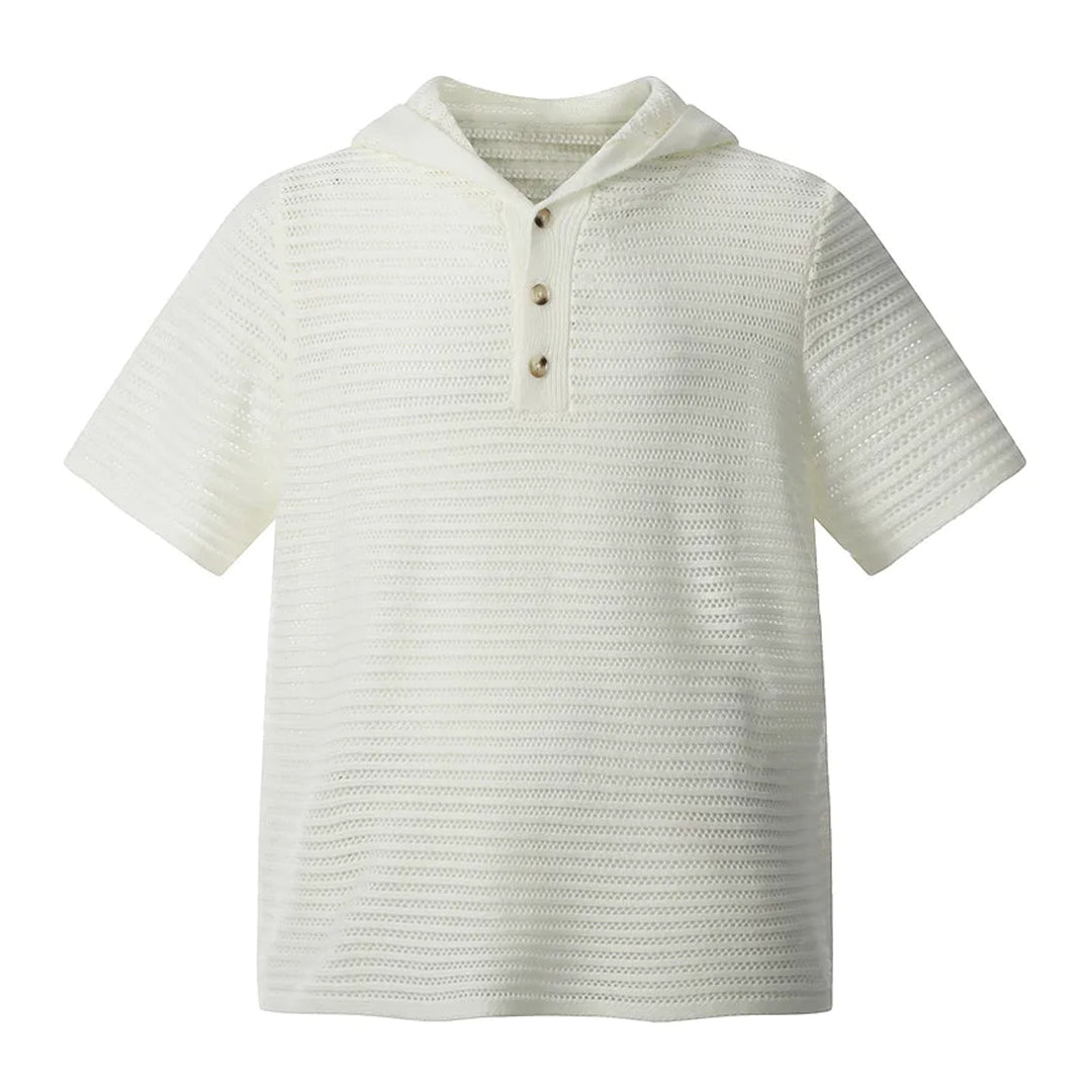 T Shirt Tricot À Capuche En Coton Et Polyester Avec Fermeture À Trois Boutons Et Coupe Classique