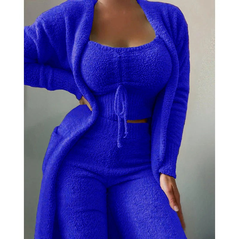 Damen Pyjama Carlotta: Bequemer 3-teiliger Fleece-Baumwoll Schlafanzug