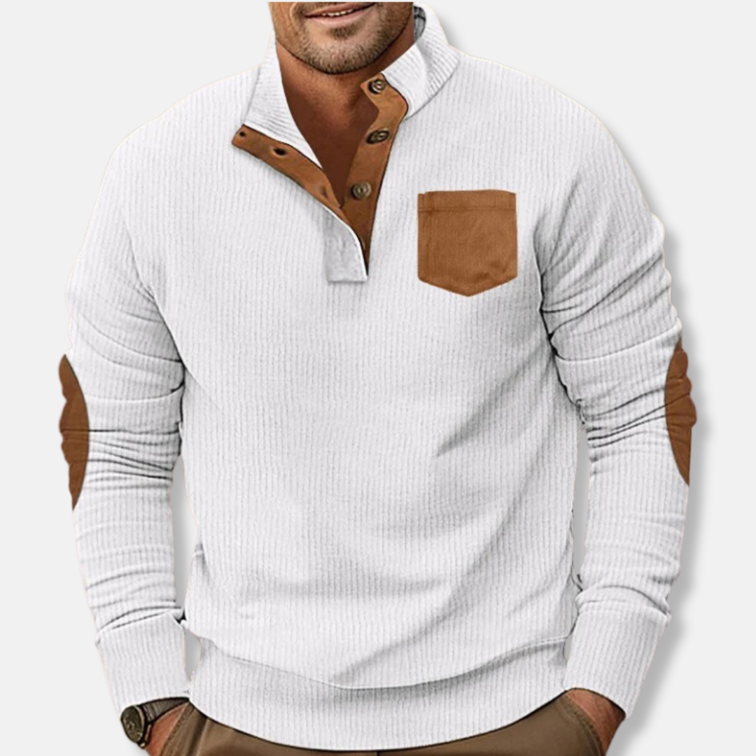 Sweatshirt Homme En Maille Côtelée Col Montant Patches Coudes Contrastants Pour Quotidien