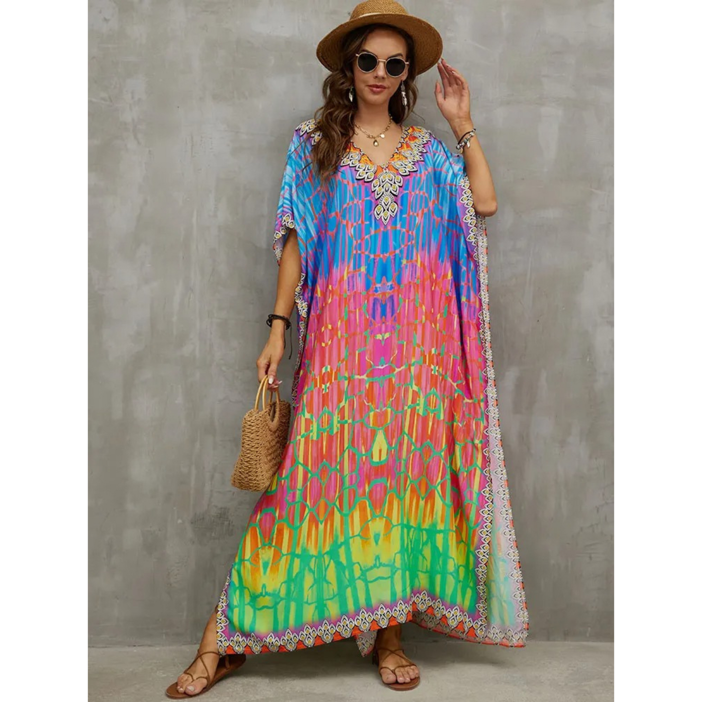 Amawinc Kaftan Femme Décontracté Col En V Plage Léger Et Aérien Vêtement De Plage