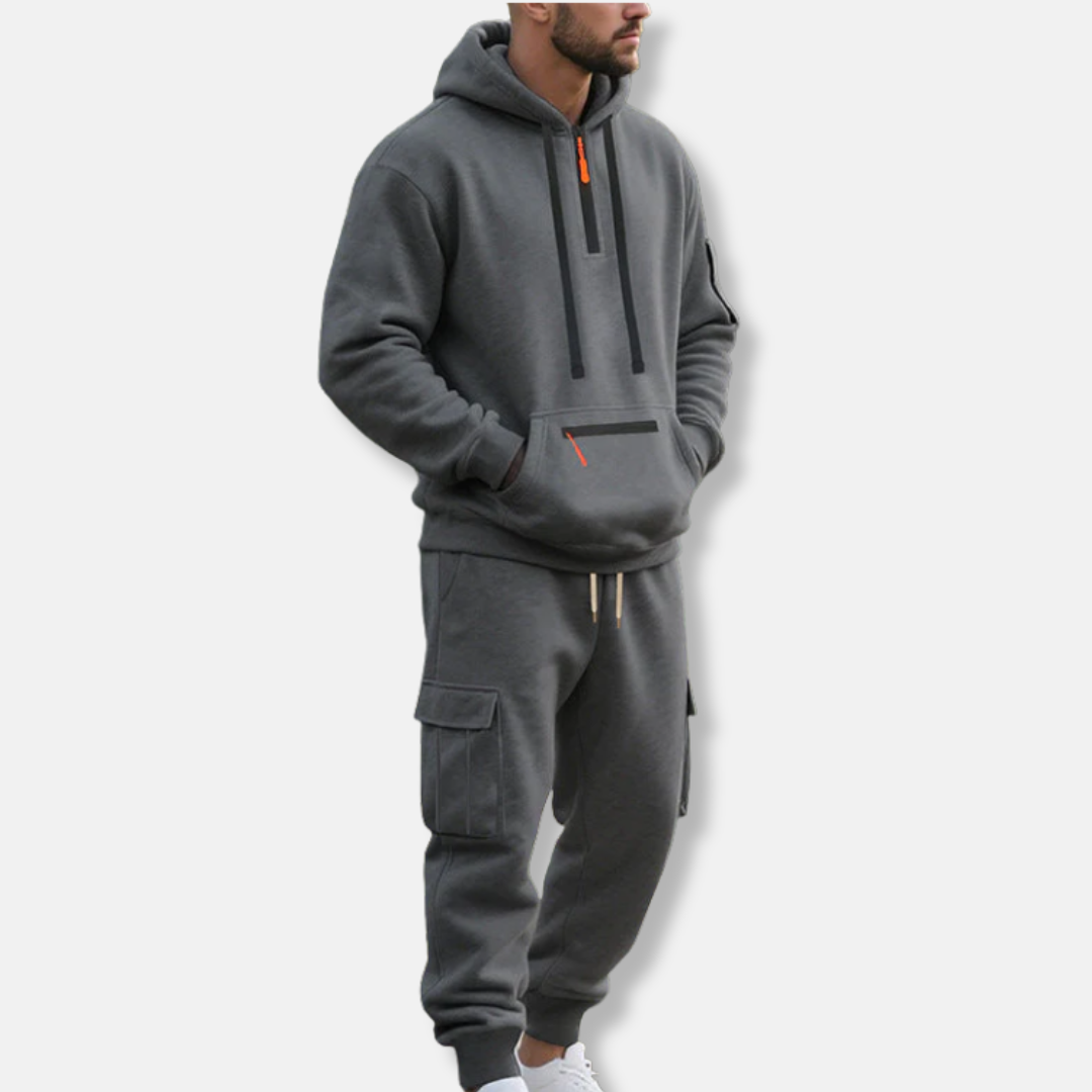Ensemble Survêtement Homme Coupe Décontractée Sweat À Capuche Demi Zip Et Pantalon Cargo À Taille Cordon Idéal Quotidien