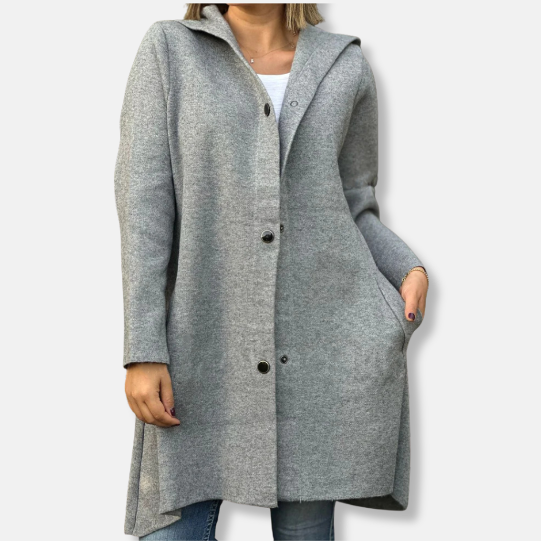 Manteau Femme En Laine Avec Capuche Et Fermeture À Boutons Pression Longueur Mi Cuisses