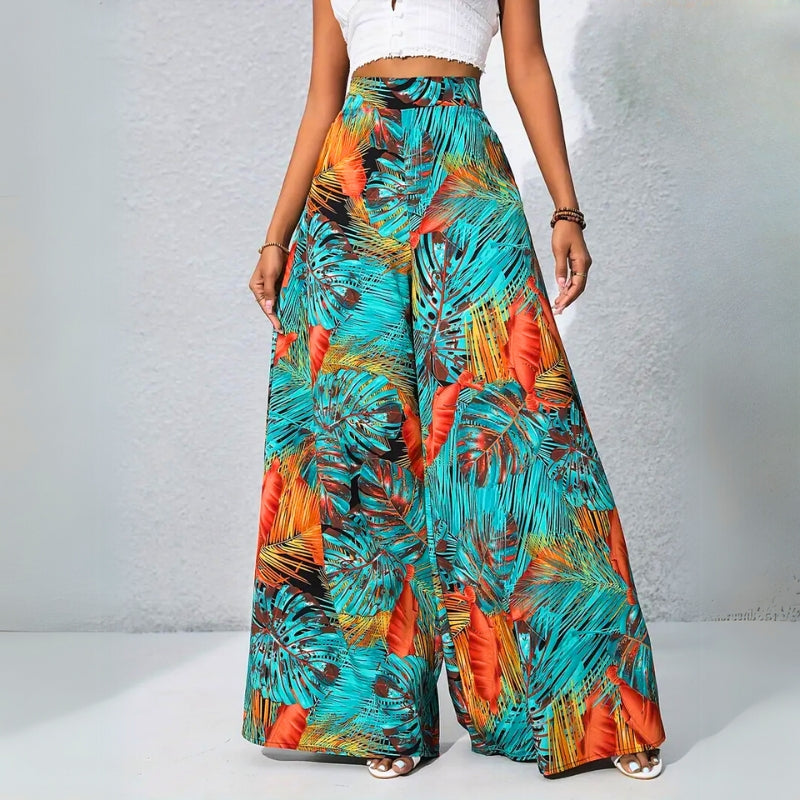 Pantalon Tropical Taille Haute Oraya Imprimé Palmier Coton Doux Lavé Au Soleil Avec Poches Latérales