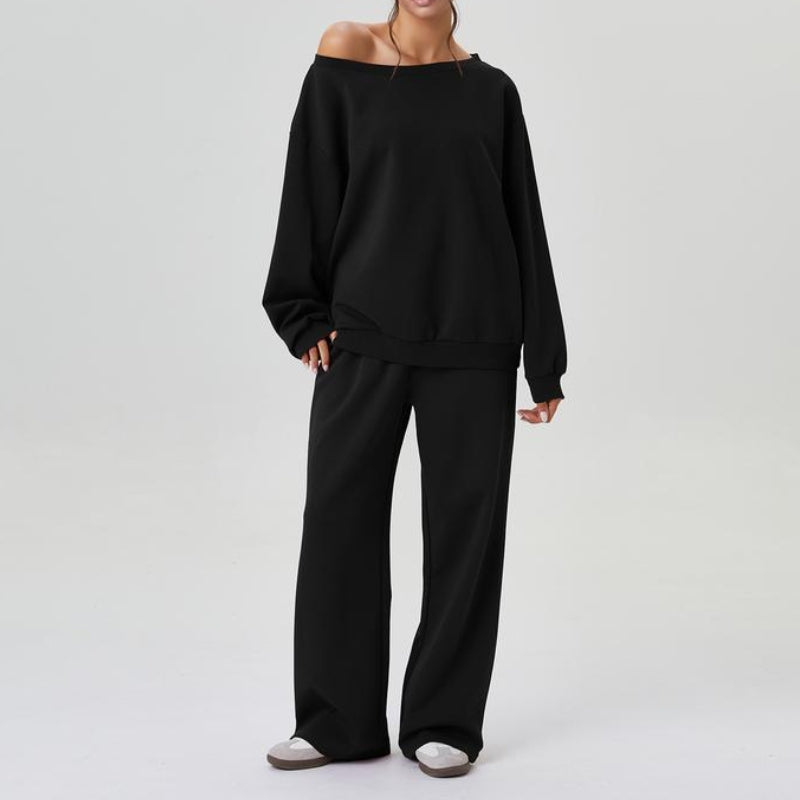 Ensemble Deux Pièces Coordonné En Maille Douce Avec Épaules Drapées Et Pantalon À Jambe Large Du Matin À La Soirée