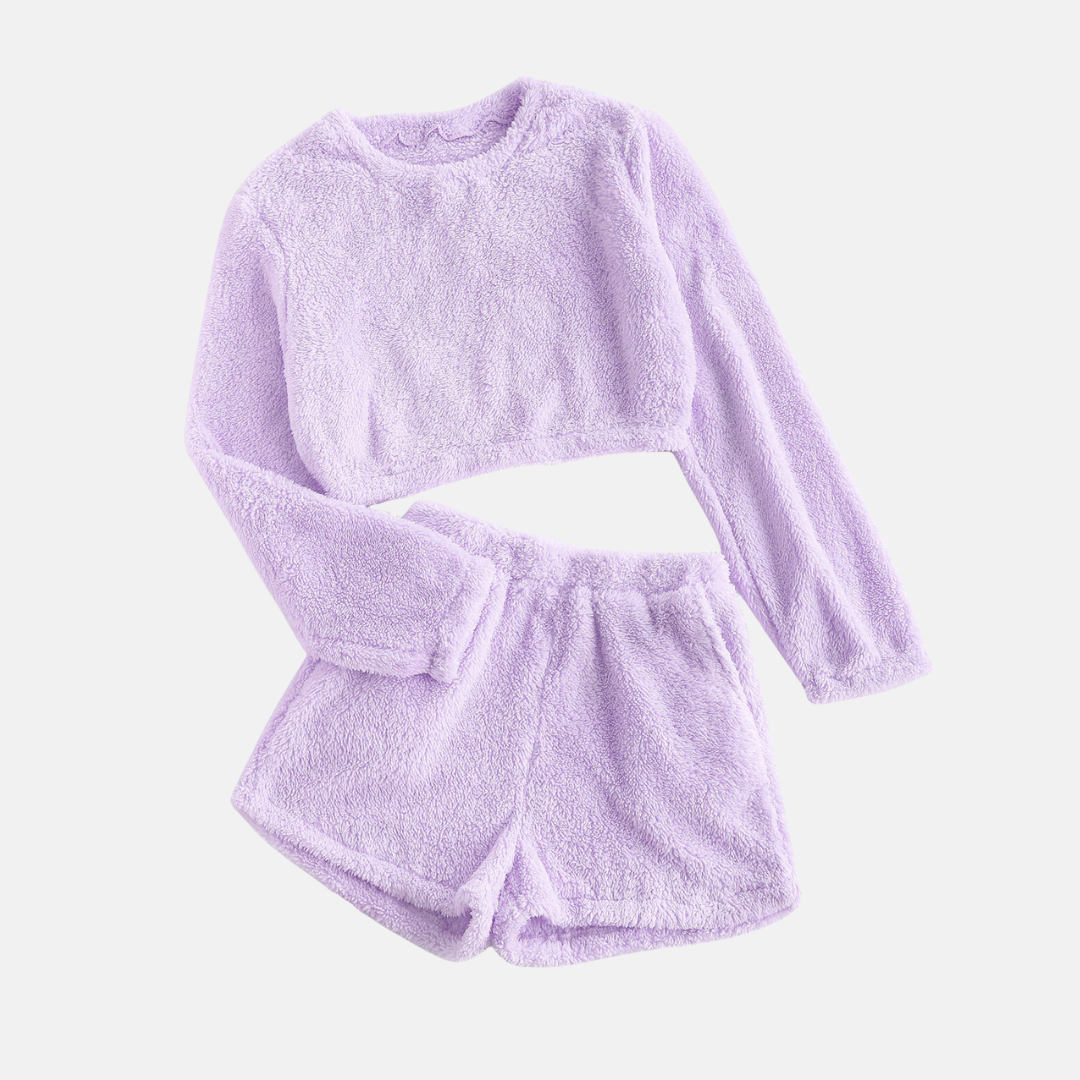 Ensemble Deux Pièces Loungewear Peluche Texturée Avec Top Manches Longues Coupé Court Et Shorts Taille Haute