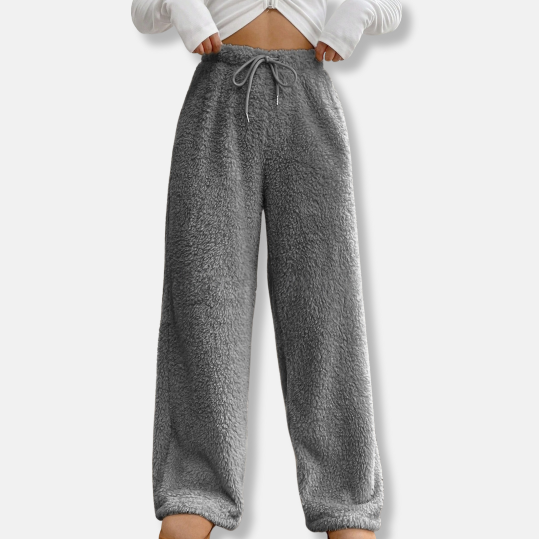 Pantalon de Détente pour Femme en Polaire Moelleuse, Coupe Ample, Jambe Large, Taille à Cordon, Longueur Totale