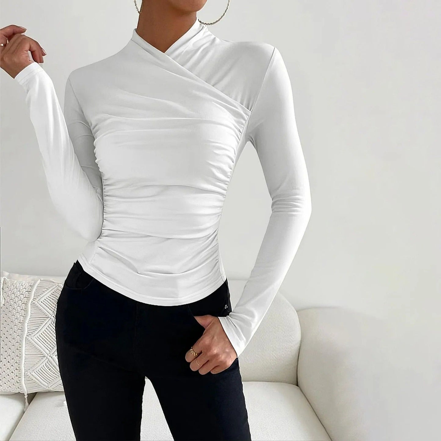 Blouse Cache Coeur Femme Nordique Manches Longues Col Haut Asymétrique Coupe Élégante Slim
