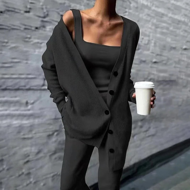 Cardigan Femme Long Tricot Côté lé Oversize Avec Bouton De Fermeture Et Poches Latérales