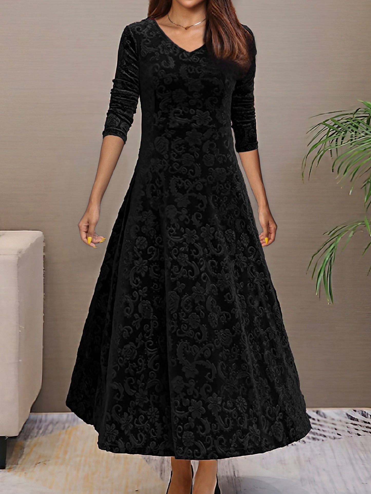 Robe De Soirée Femme En Velours Avec Décolleté En V Silhouette A Ligne Manches Trois Quarts Motif Floral Amawinc