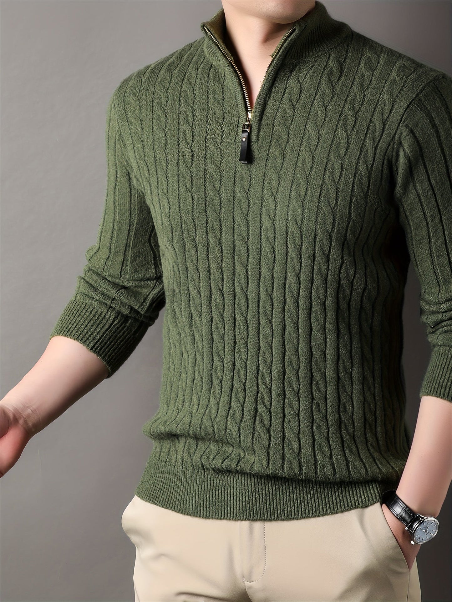Pull Amawinc Pour Homme Tricot Câblé À Motif Côtes Demi Zip Confort Hivernal Quotidien Durable